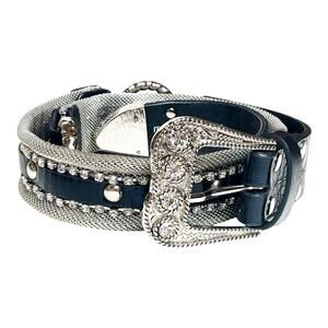 Christine Alexander Swarovski Black Leather & Silver Metal Western Belt Large